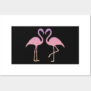 Pink Sunset Sunrise Ombre Faux Glitter Flamingos Silhouette Posters and Art